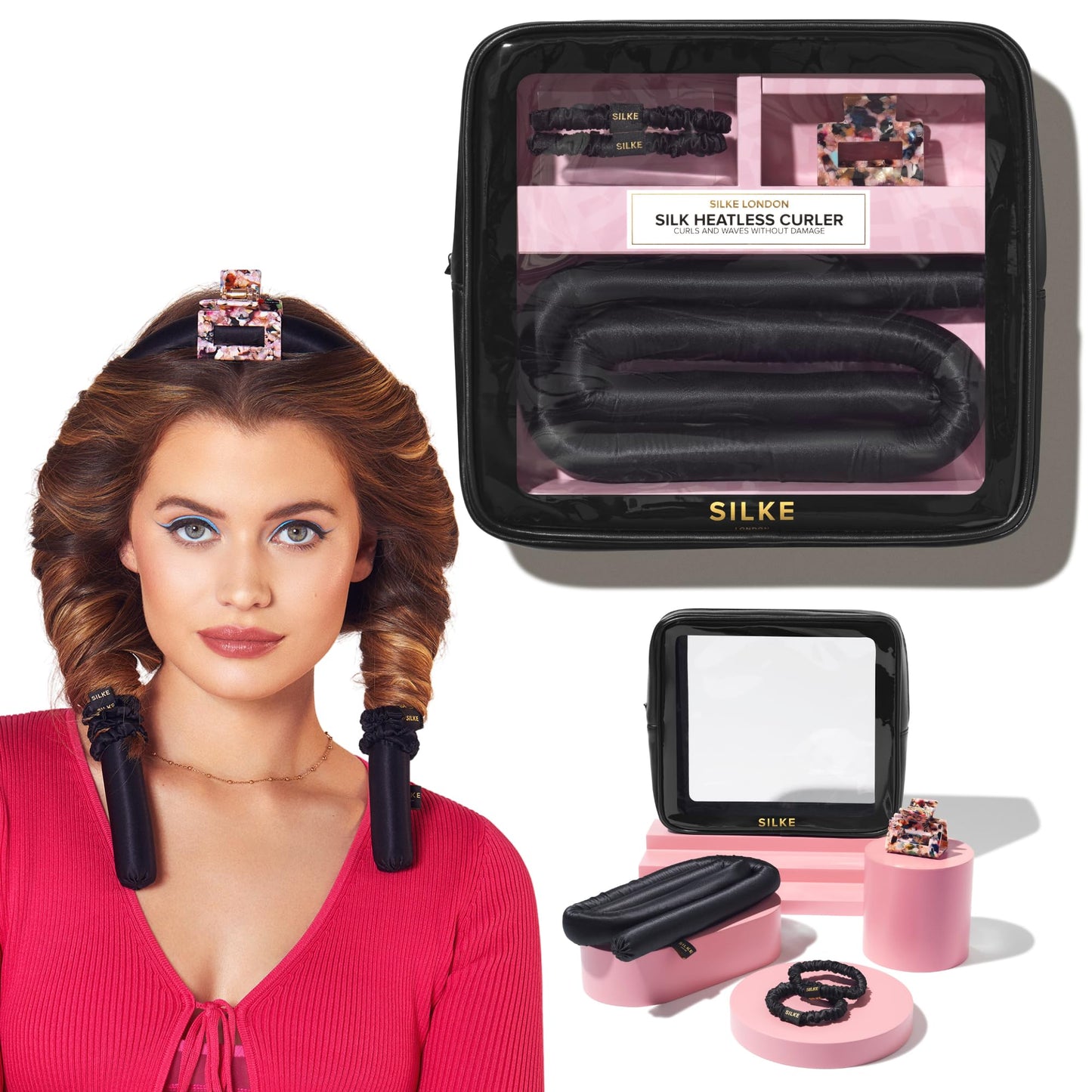 Silke Heatless Hair Curlers | 100% Luxurious Heatless Curls Headband | Silk Heatless Curlers to Sleep in | No Heat Curlers for Overnight Curls | Heatless Curling Set | Big Bounce No Effort (Black)